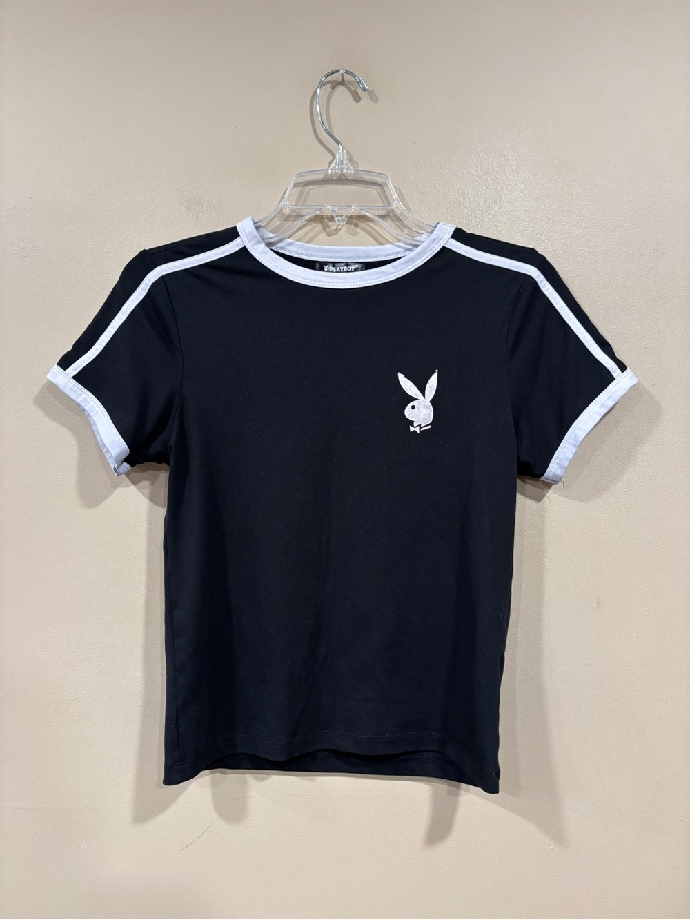 Playboy Women’s Black & White Graphic Tee Short Sleeve T-Shirt Size L